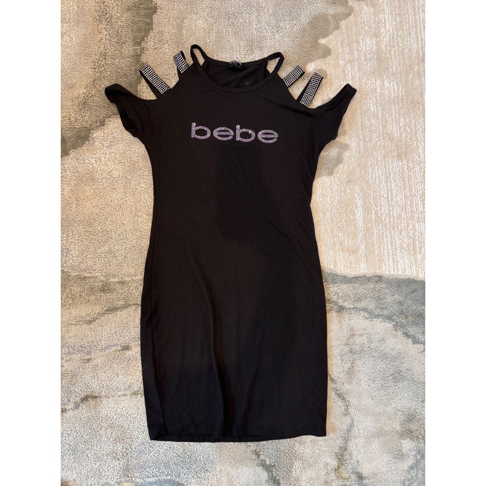 Bebe Womens Black Rhinestone Logo Cold Shoulder Bodycon Mini Dress Size M
